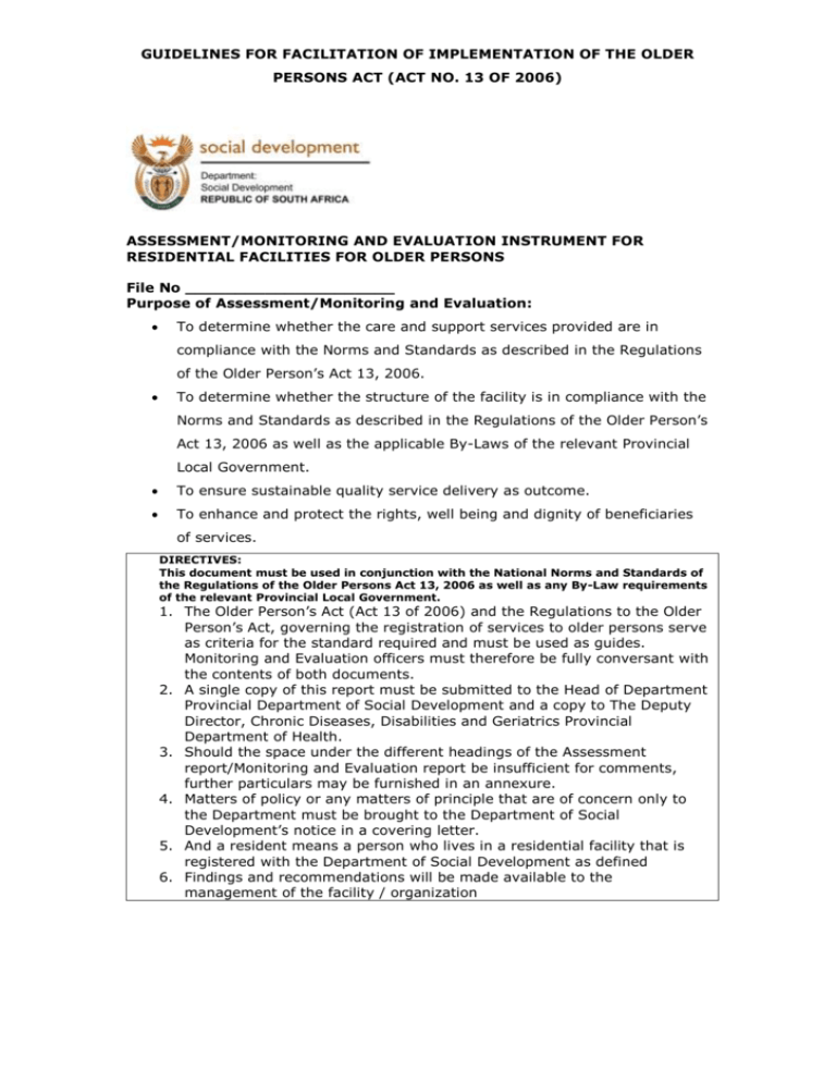 Assessment/Monitoring and Evaluation Instrument For Residential