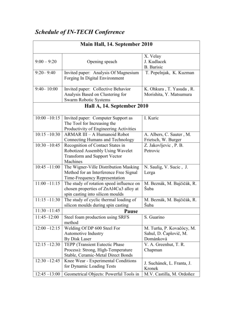 Schedule Of IN TECH Conference IN Schedule Of IN TECH Conference IN