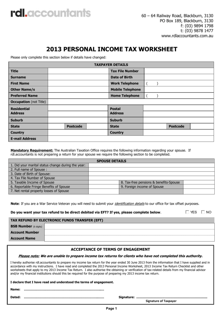 Personal Income Tax Worksheet