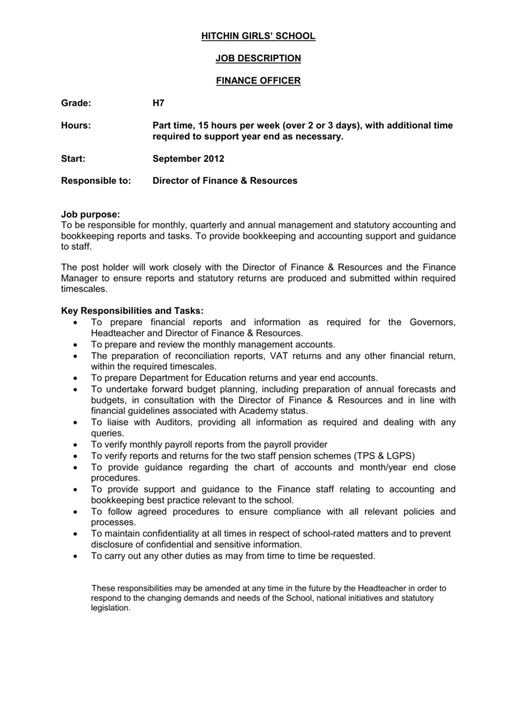 Finance Officer Job Description Resume