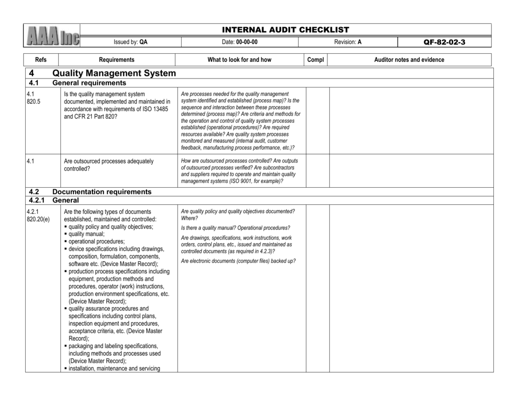 internal audit checklist template iso 13485