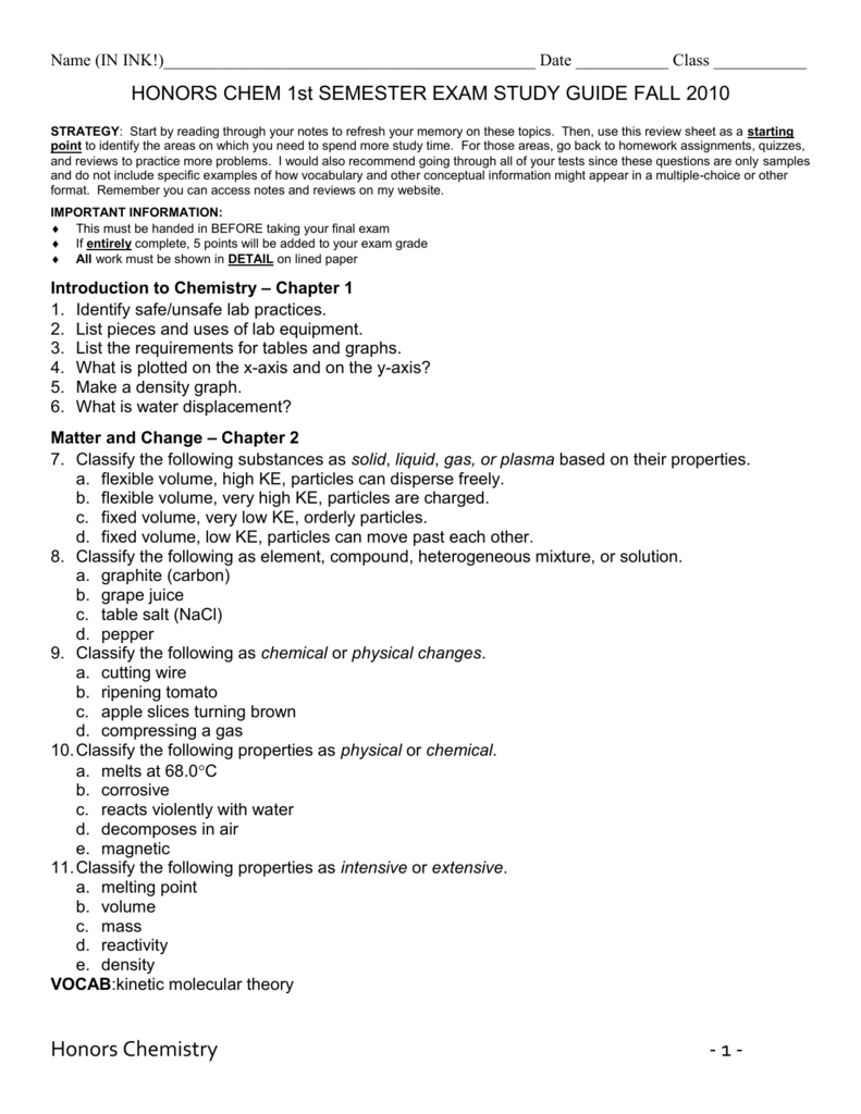 Chemistry Final Exam Review Packet Answer Key / Final Exam ...