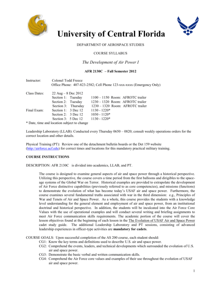 course syllabus UCF AFROTC University of Central Florida