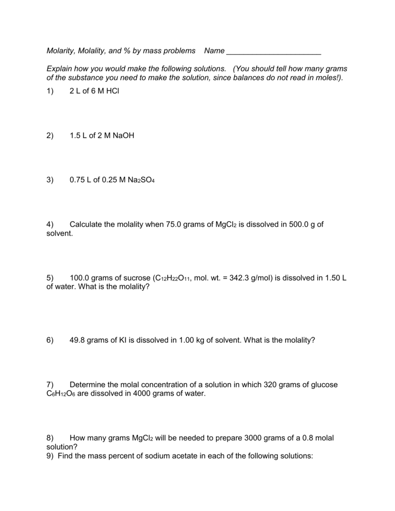 Molality Worksheet Answers