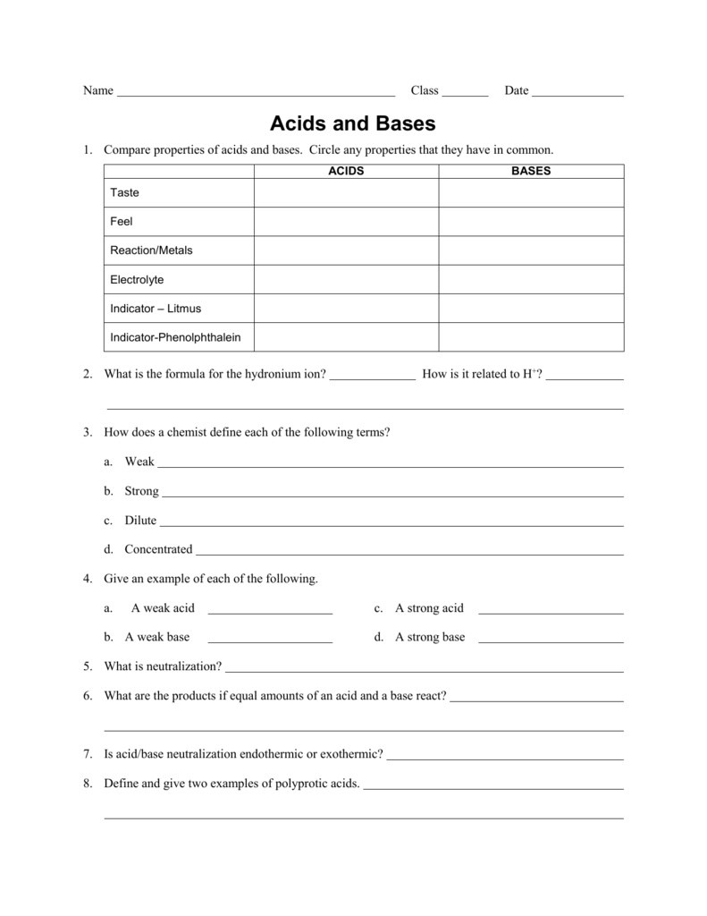 Worksheet - Acids and Bases Inside Acid Base Reactions Worksheet