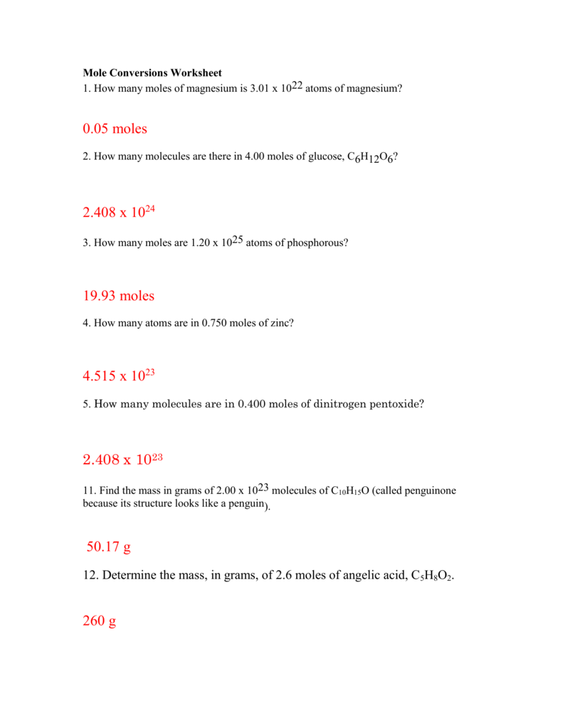 Moles Mass And Particles Worksheet Answers