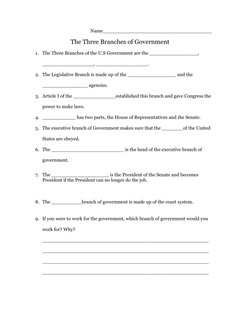 Three Branches Of Government Worksheet