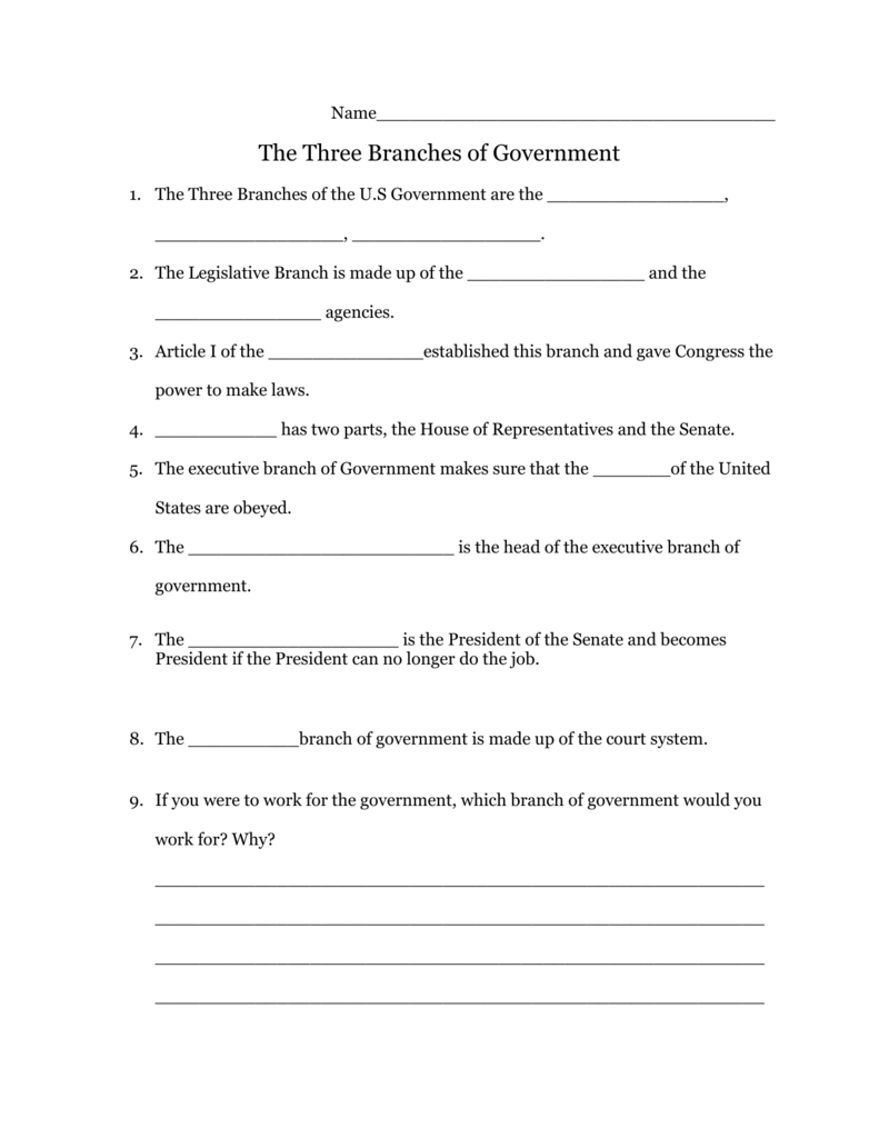 Three Branches of Government Worksheet Within Branches Of Government Worksheet