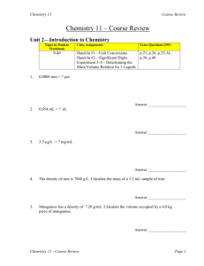 Chemistry 11 Course Review: Unit Conversions & Mole Concept