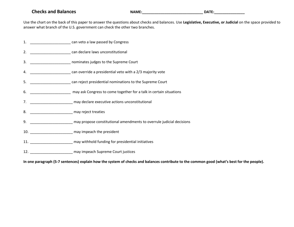 Checks and Balances Worksheet With Checks And Balances Worksheet Answers