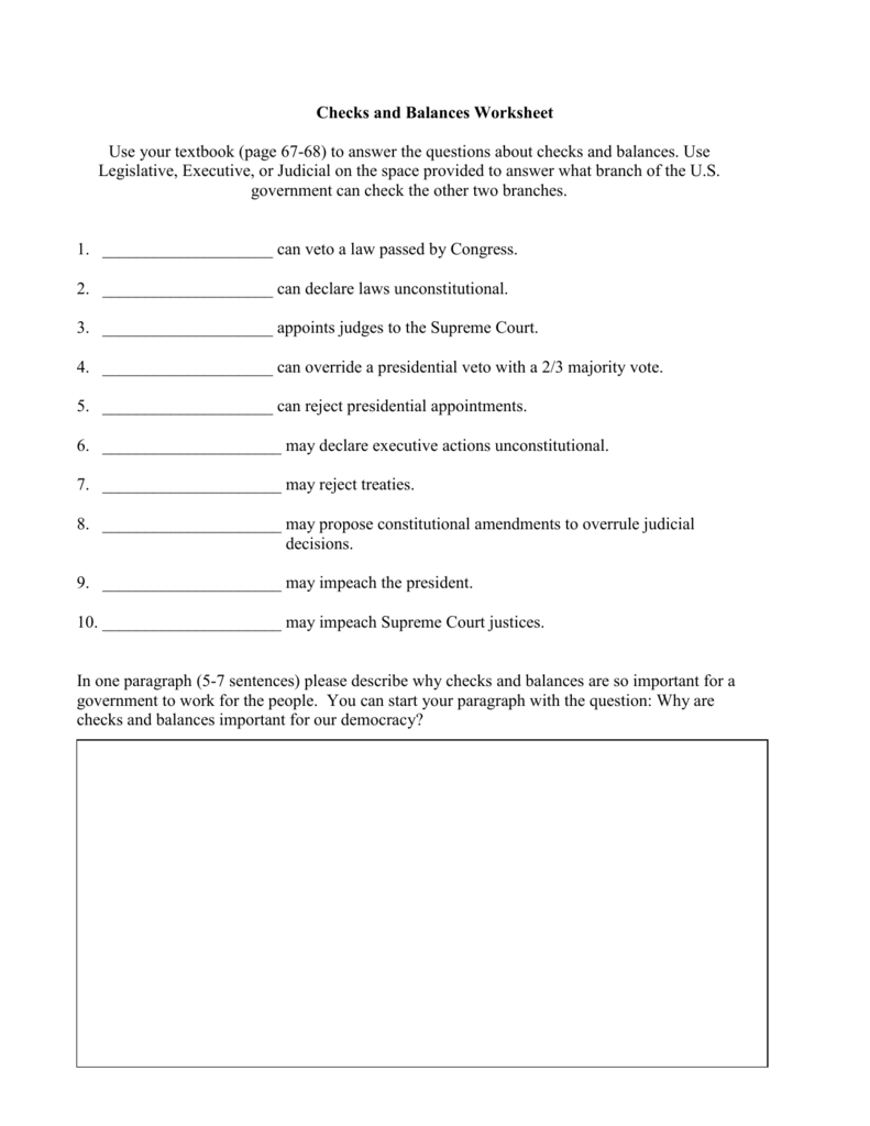 Checks and Balances Worksheet Pertaining To Checks And Balances Worksheet Answers