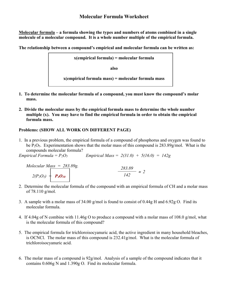 Molecular Formula Worksheet Intended For Empirical And Molecular Formulas Worksheet