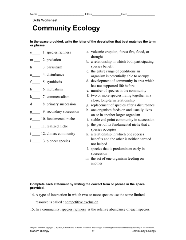 Community Ecology Worksheet Answers