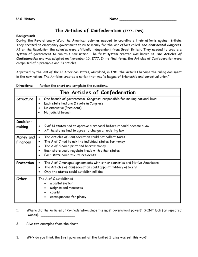The Articles of Confederation In Articles Of Confederation Worksheet Answers