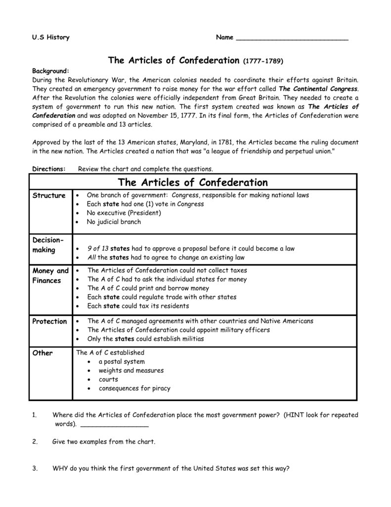 Articles Of Confederation Worksheet