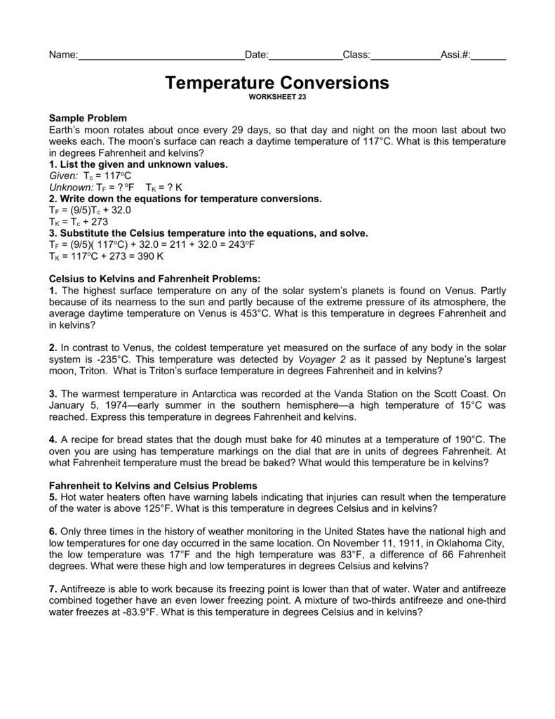 chemistry temperature conversion worksheet answer key