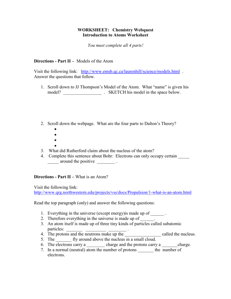 Chemistry Webquest #24: Introduction to Atoms Worksheet Within Introduction To Chemistry Worksheet