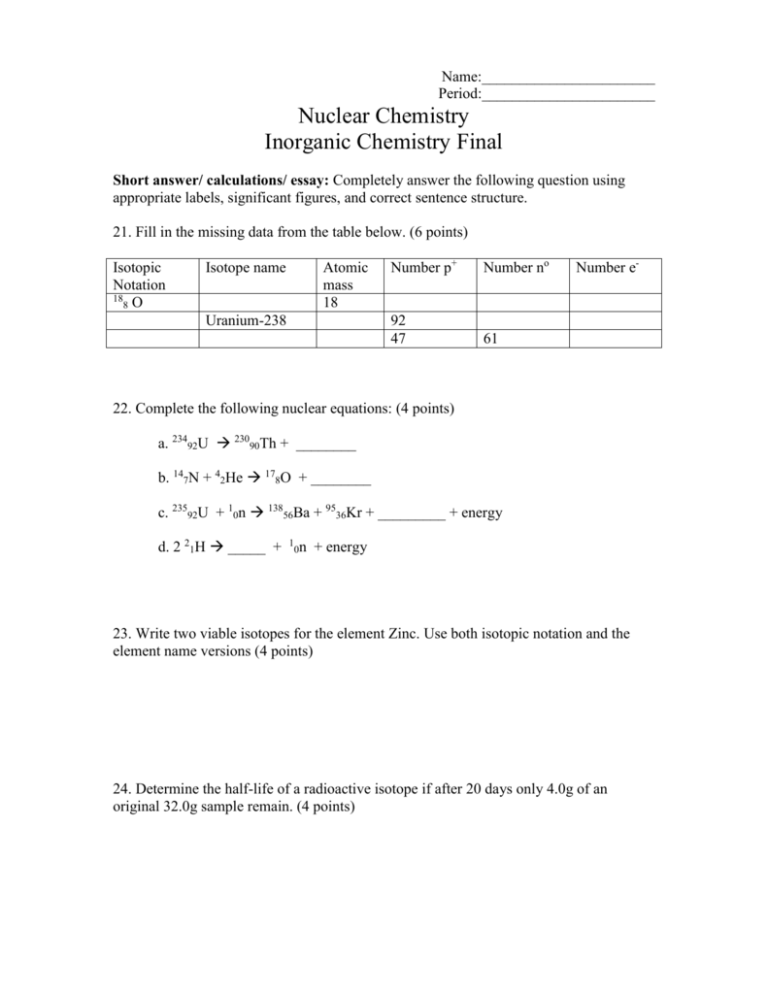 Chemistry Final Exam