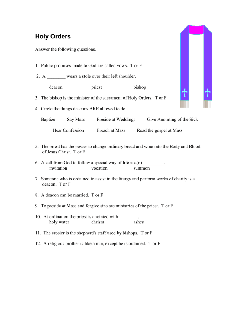 Holy Orders Worksheet Pertaining To Order Of The Mass Worksheet