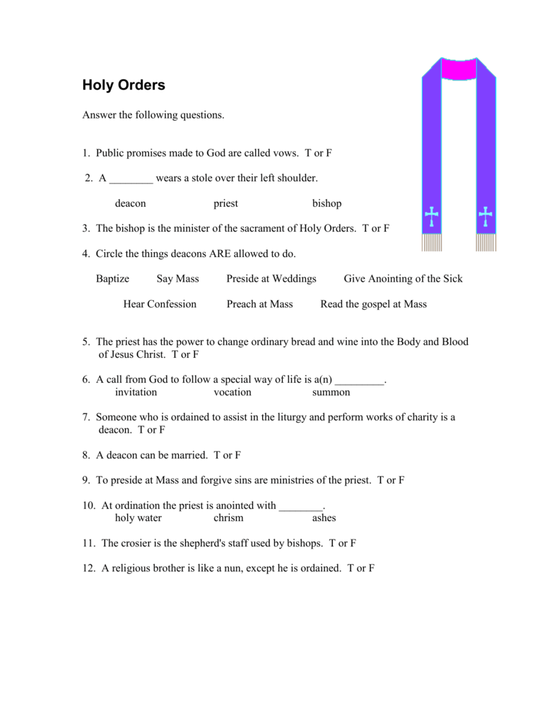 Holy Orders Worksheet In Order Of The Mass Worksheet