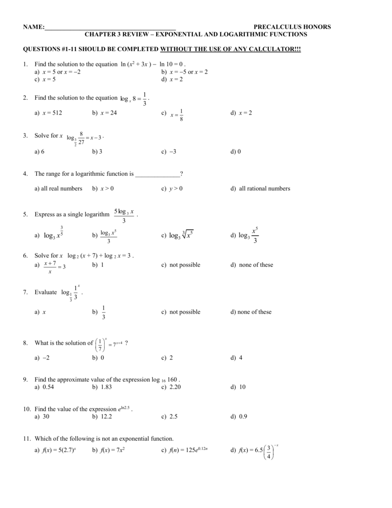 Algebra Ii Honors Test Logarithms