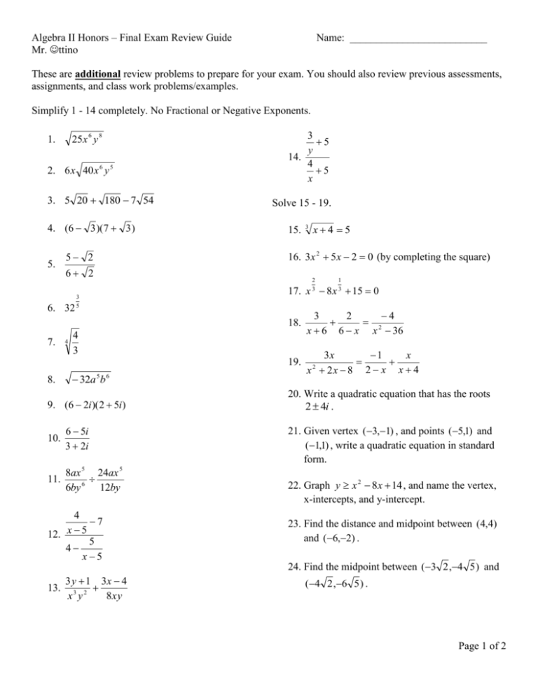 Honors Algebra II Final Exam Form A 