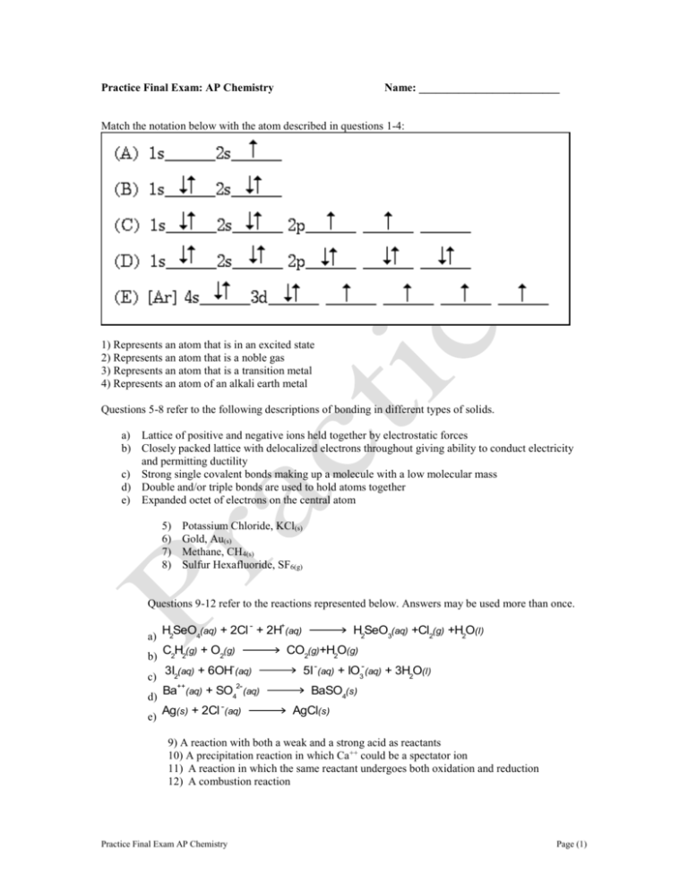 Ap Chemistry Test Sheet