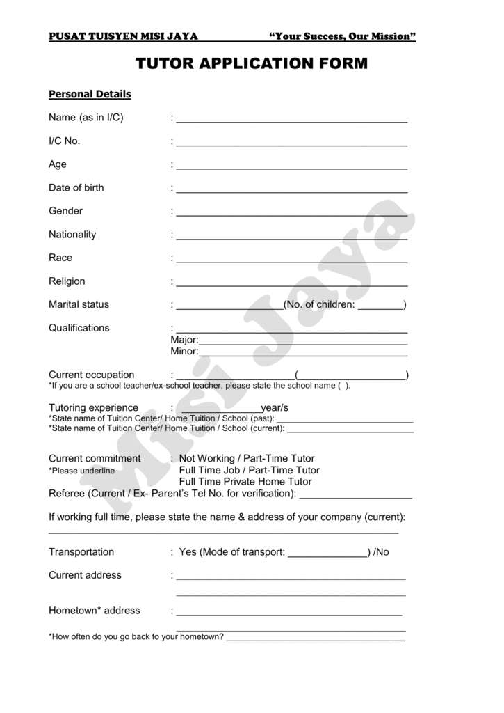 Tutor Application Form Misi Jaya Tuition Centre