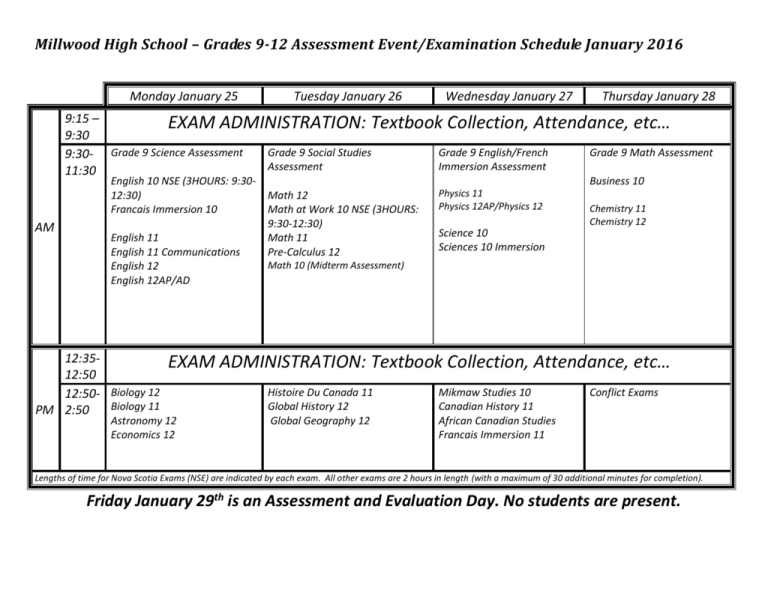 January 2016 exam schedule mhs by course for students