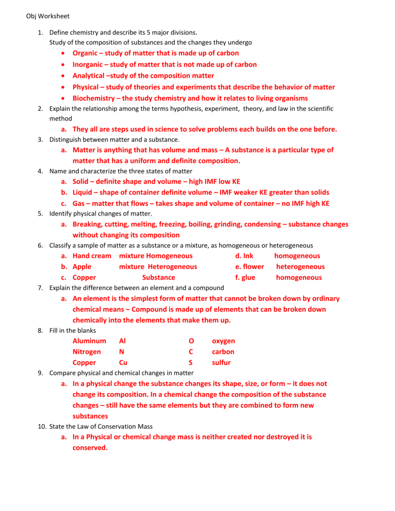 obj ws 24 Pertaining To Composition Of Matter Worksheet Answers