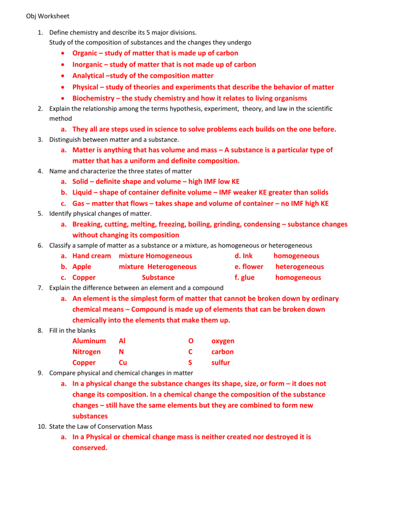 Composition Of Matter Worksheet Answers