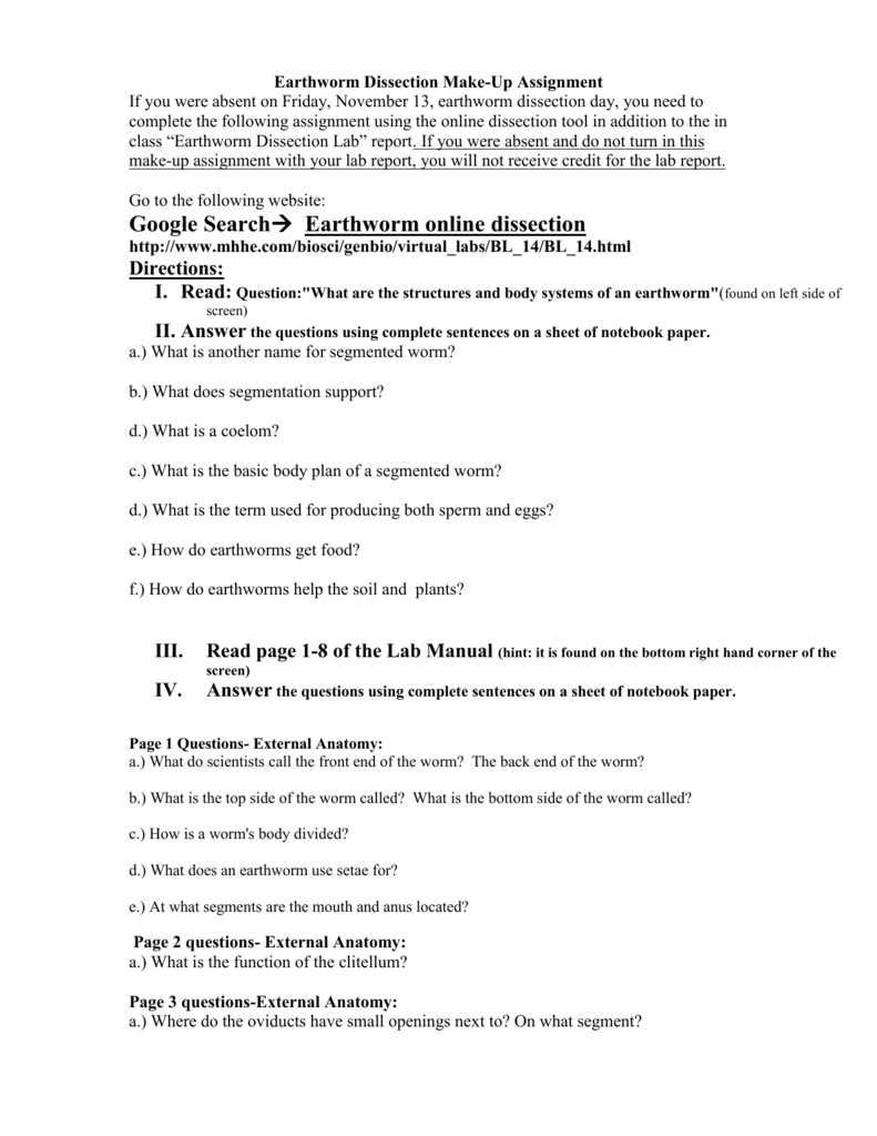 Virtual Earthworm Dissection Worksheet - The Earth Images ...