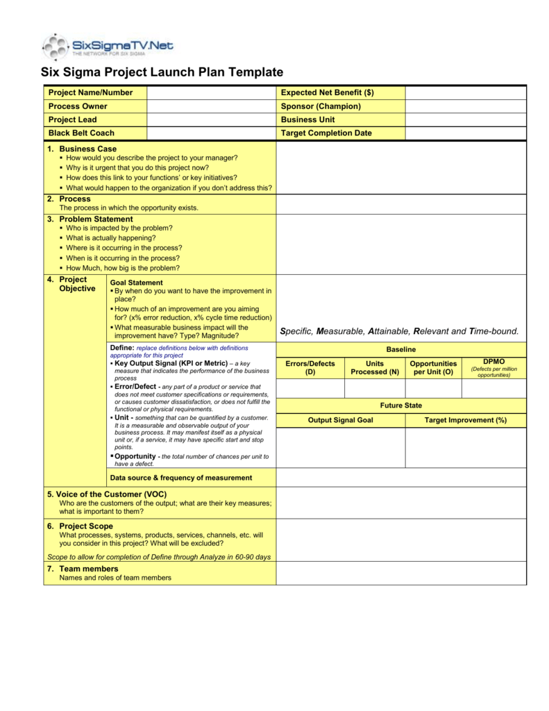 Six Sigma Project Charter Template