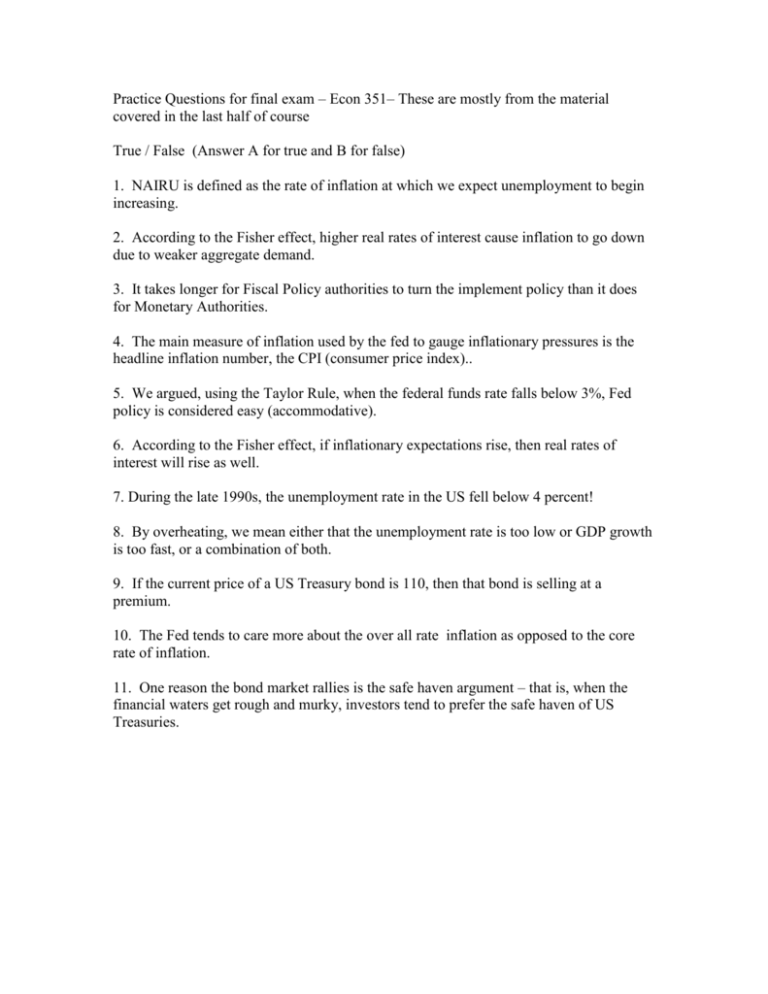 Practice Questions For Final Exam – Econ 351 – Spring 2005