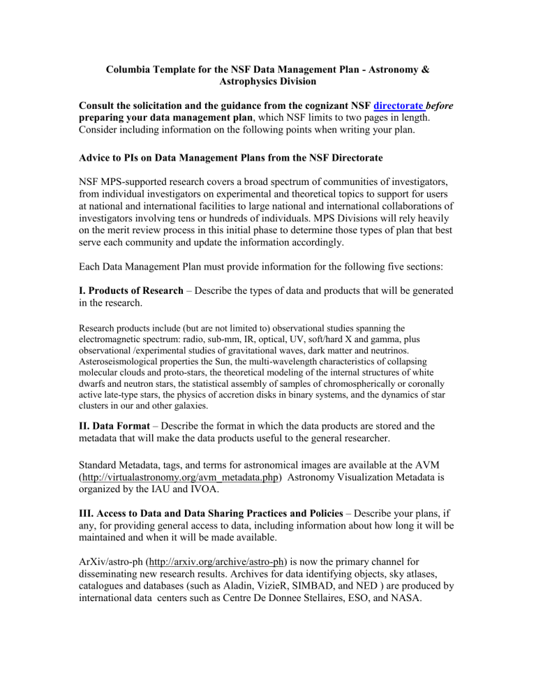 NSF Data Management Plan Requirement Overview