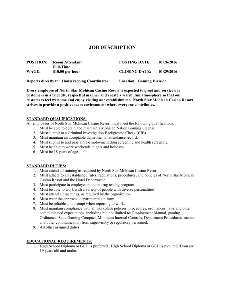 Job Description North Star Mohican Casino Resort