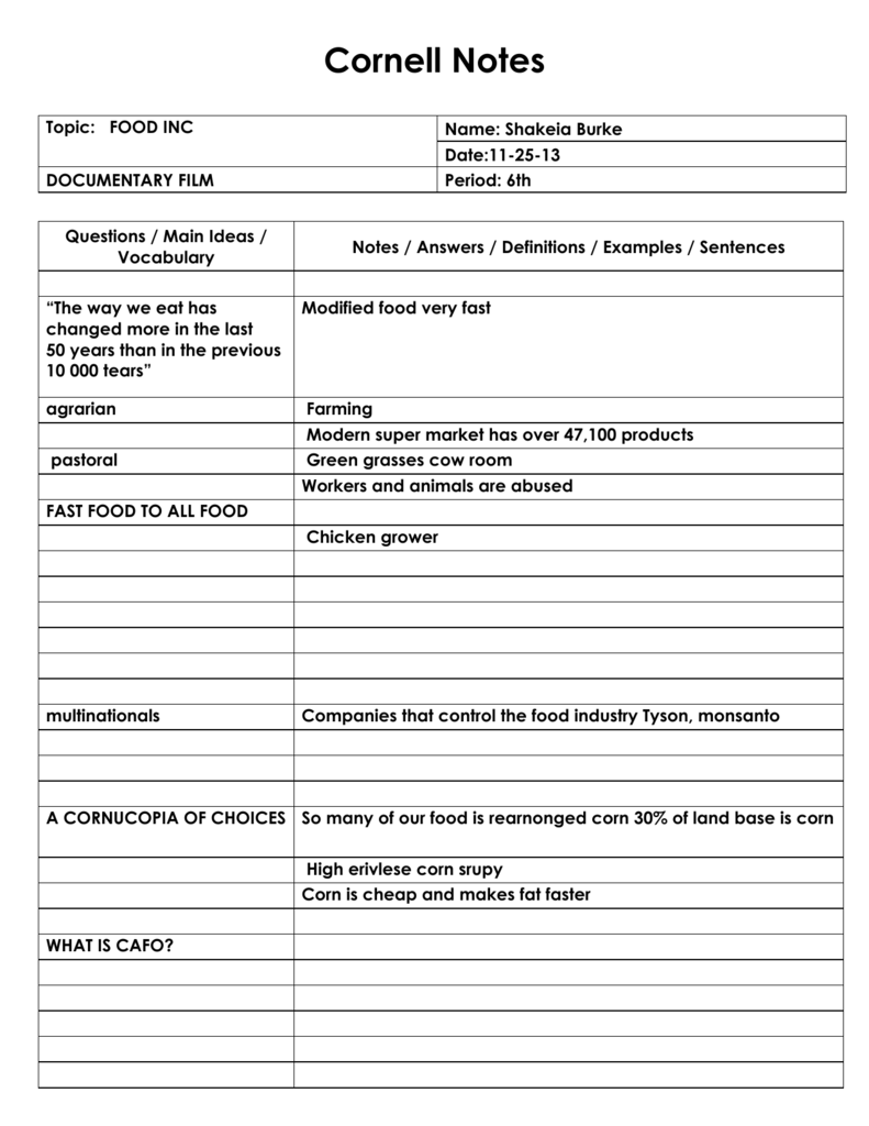 Cornell Notes Template With Cornell Notes Template Doc