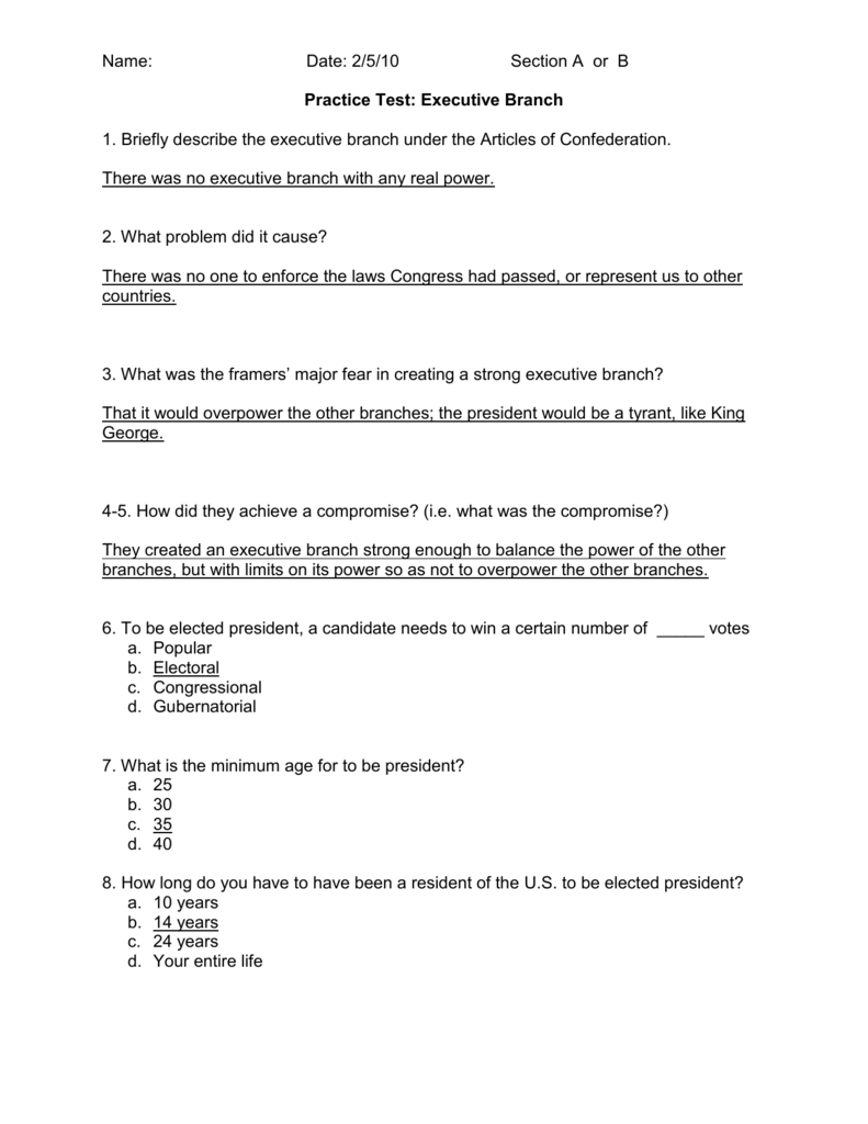 executive branch practice test answers With The Executive Branch Worksheet
