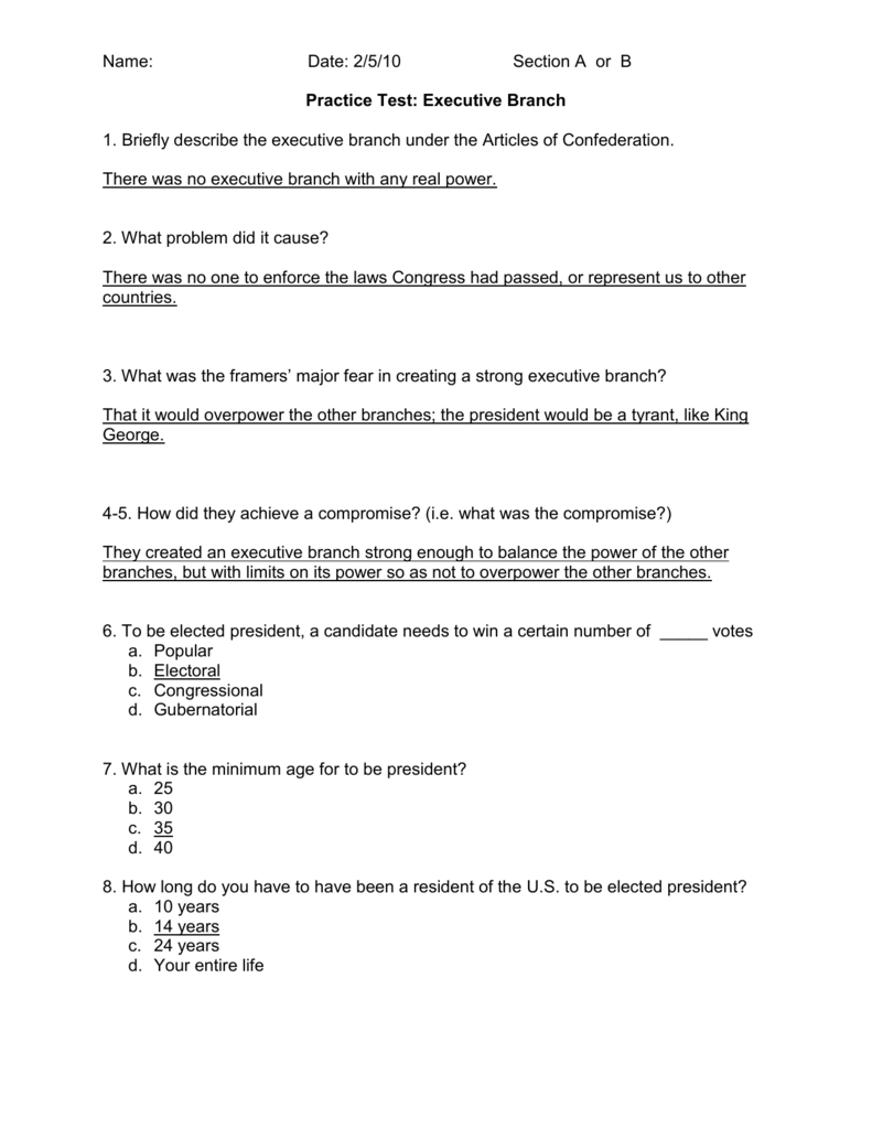 Executive Branch Practice Test Answers