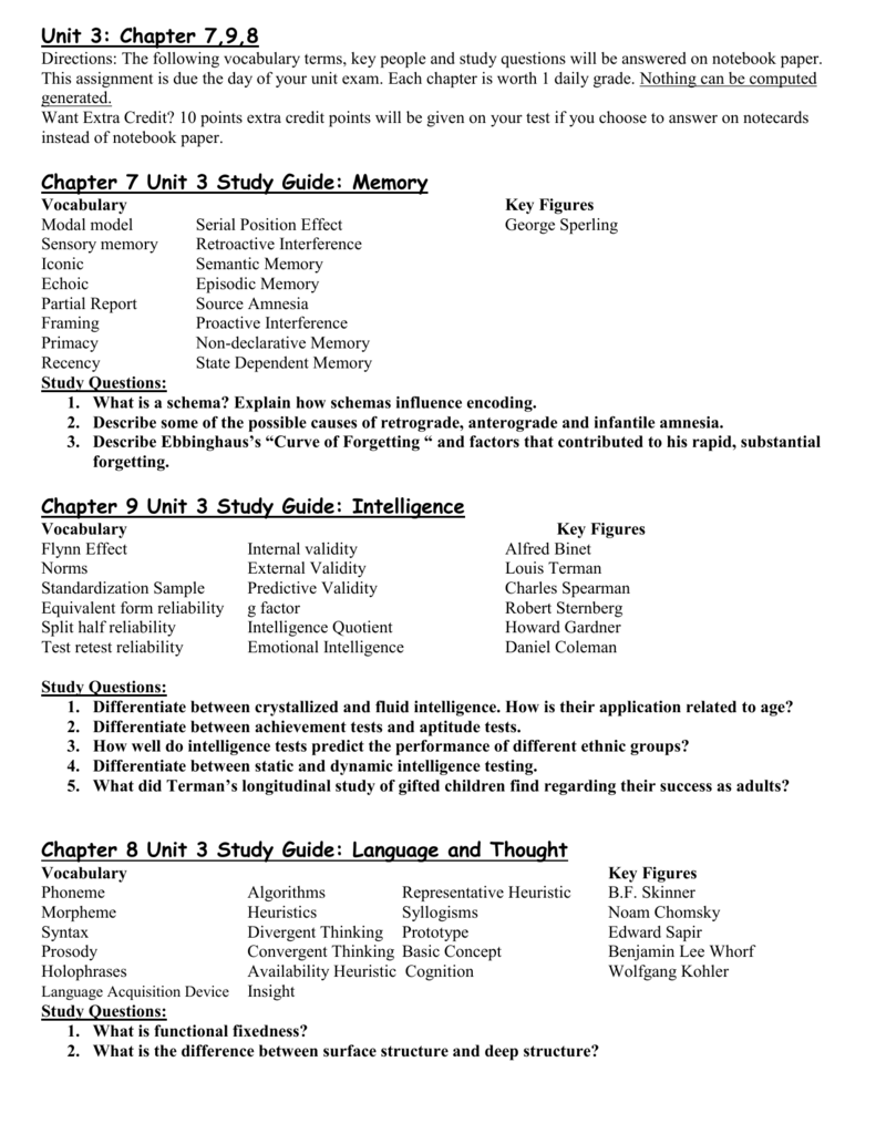 Chapter 7 Unit 3 Study Guide: Memory