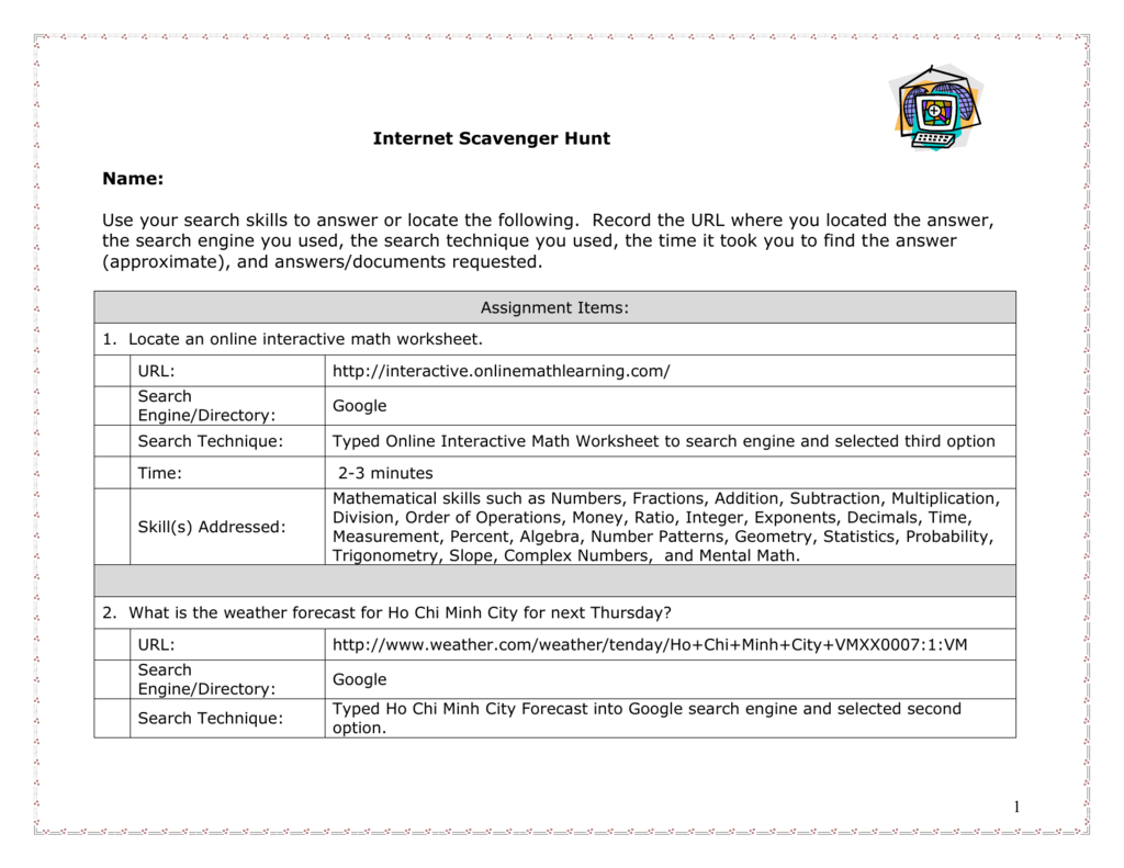 Internet Scavenger Hunt In Internet Scavenger Hunt Worksheet