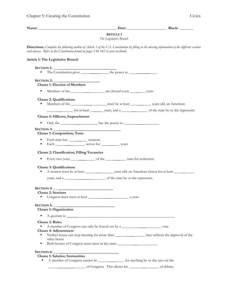 The Articles of the Constitution Worksheets [Answer Key] Pertaining To Outline Of The Constitution Worksheet