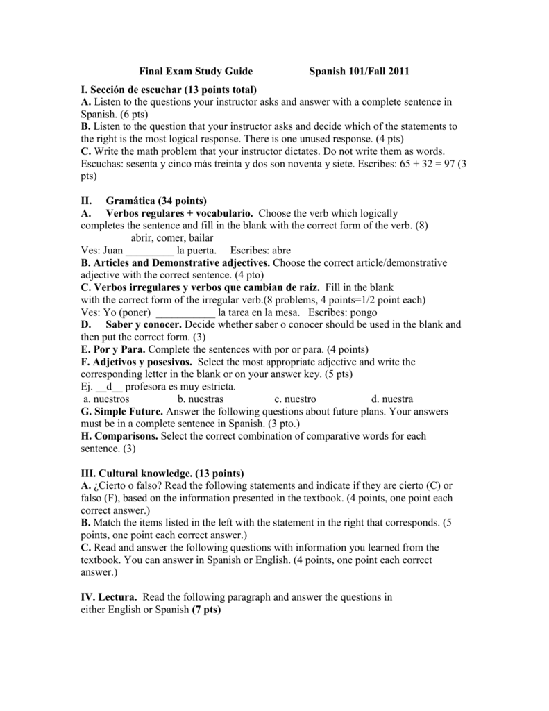 Spanish 101 Study Guide Spanish 101 Study Guide