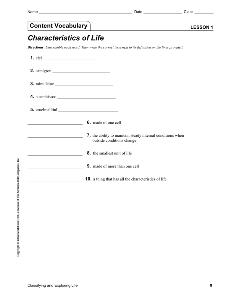 characteristics-of-life-worksheet