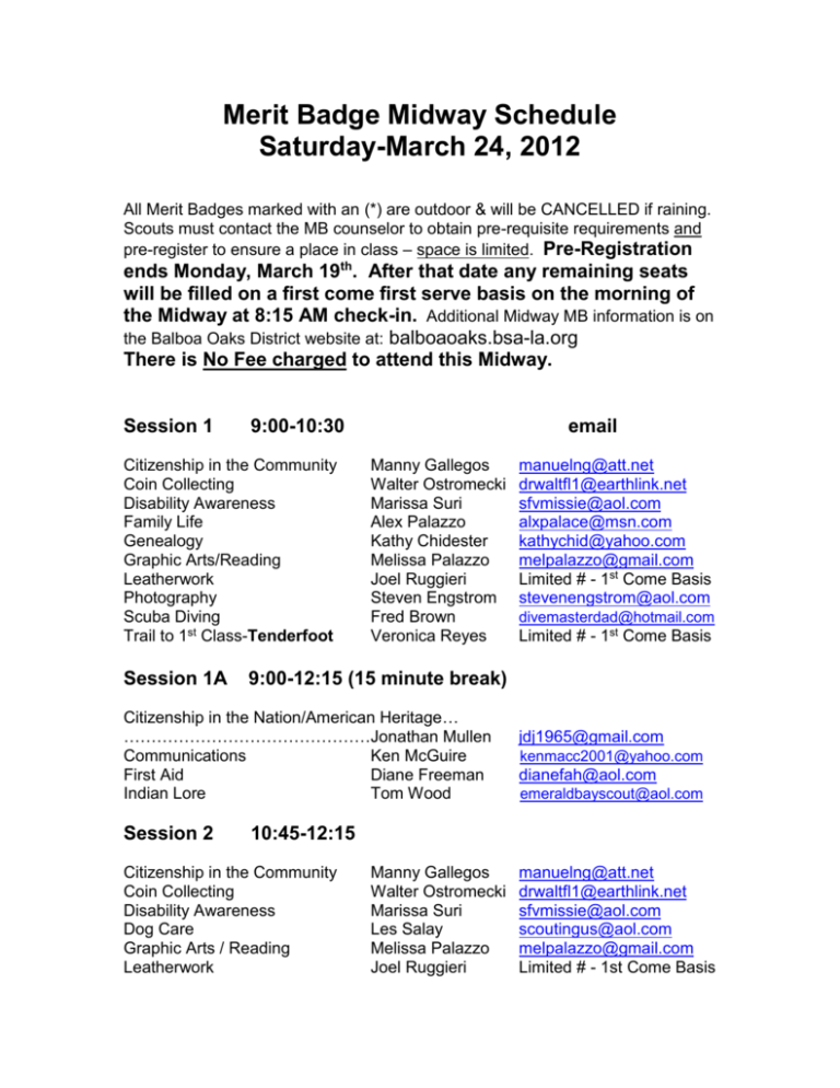 Merit Badge Midway Schedule