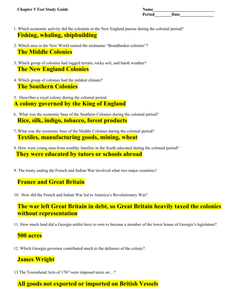 Chapter 5 Test Study Guide Answers