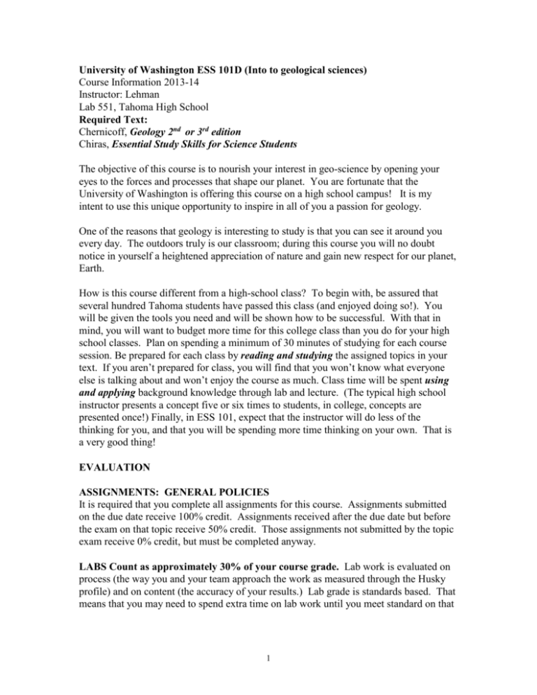 UW Geology Course Handout Fall 2013