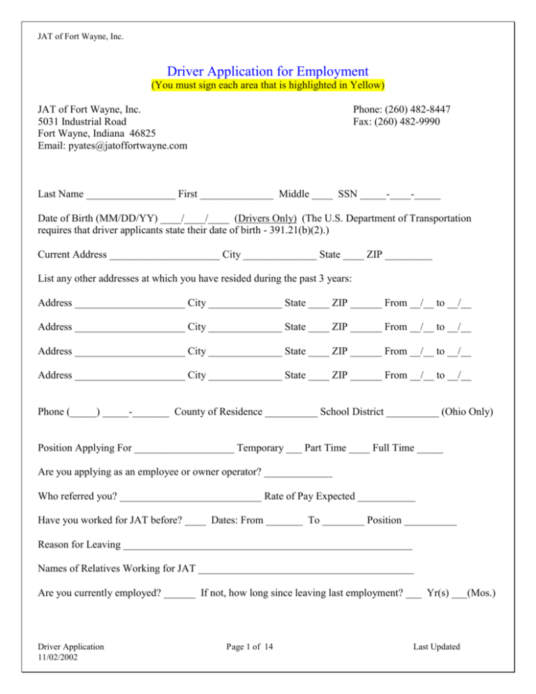 Driver Application For Employment 6308