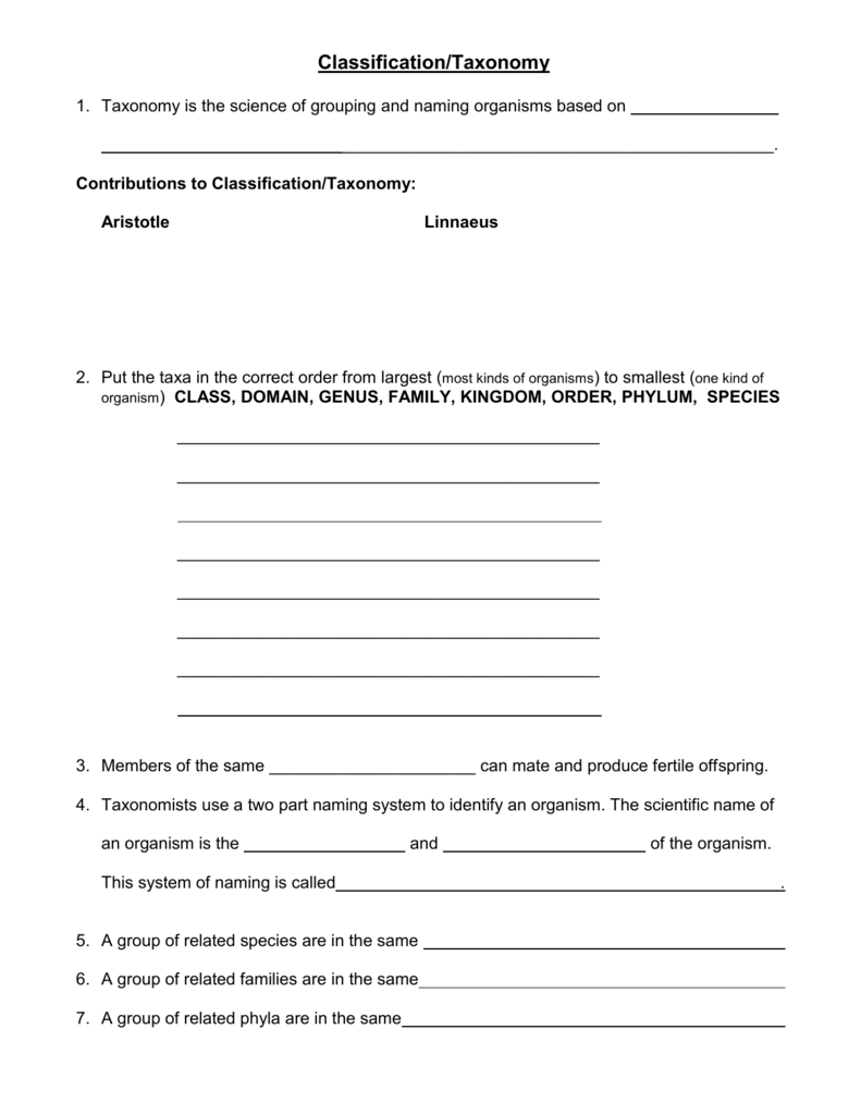 Classification/Taxonomy For Biological Classification Worksheet Answers