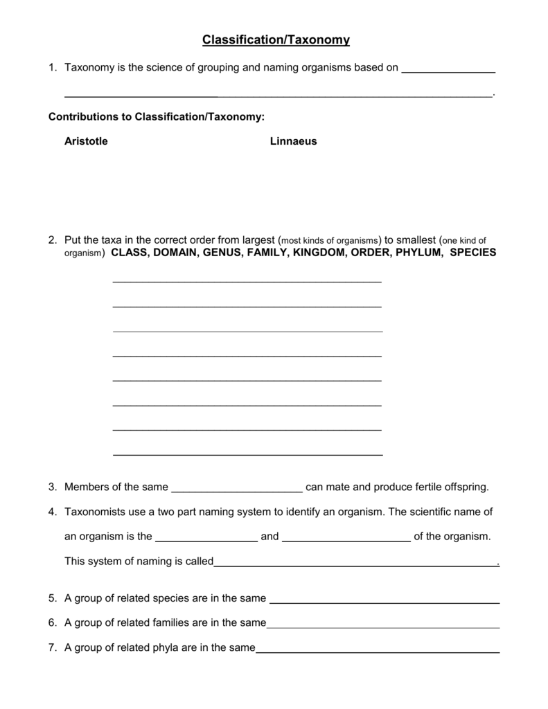 Classification/Taxonomy Regarding Biological Classification Worksheet Answer Key